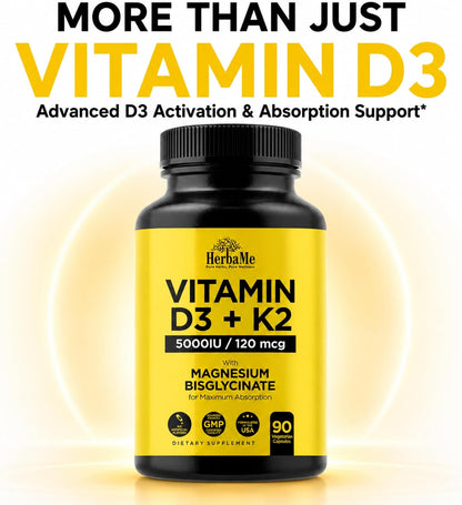 HerbaMe Vitamina D3 5000 UI + K2 con Magnesio Bisglicinato | Salud Ósea, Muscular e Inmune | 90 Cápsulas – Image 2