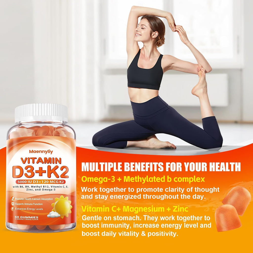 Maennyliy Vitamin D3 K2 Gummies - 5000IU D3 + 120mcg K2 (MK-7) - Sin Azúcar con Omega-3, Metil B12, B9, B6, Vitamina C, E, Magnesio y Zinc