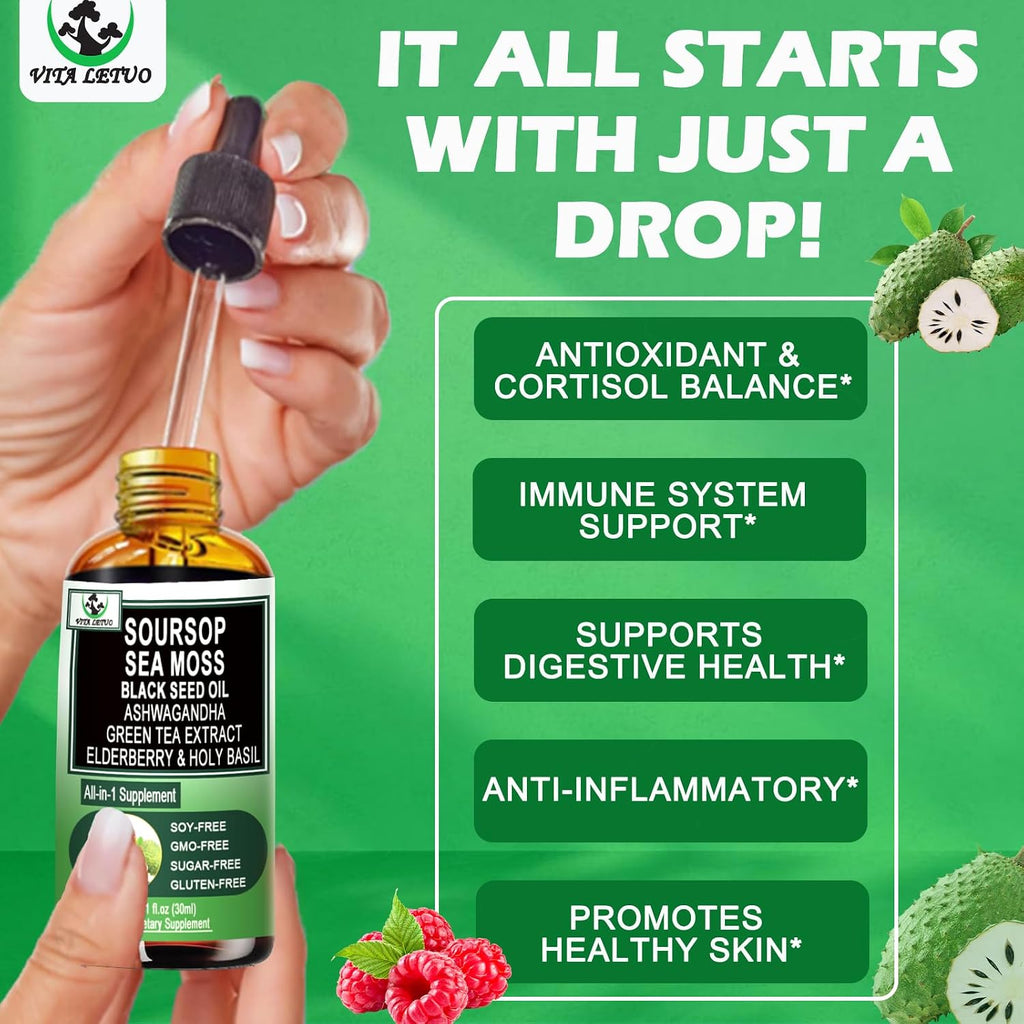 Vita letuo Soursop Drops - Suplemento Líquido Multivitamínico y Mineral con Soursop, Sea Moss, Black Seed Oil, Ashwagandha y Más (30 Dosis)
