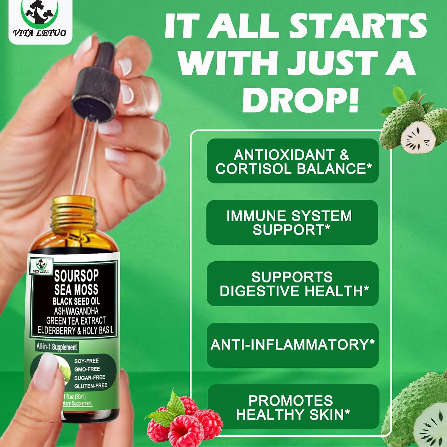 Vita letuo Soursop Drops - Suplemento Líquido Multivitamínico y Mineral con Soursop, Sea Moss, Black Seed Oil, Ashwagandha y Más (30 Dosis)