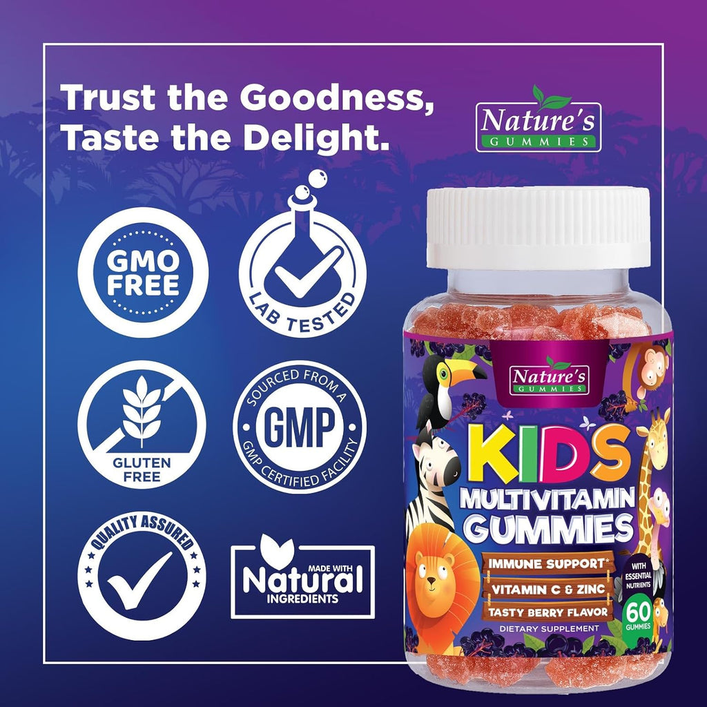 Multivitamínico Infantil Gomitas - Complejo de Vitaminas Diarias para Niños con Vitamina D, Vitaminas B, Zinc y Más - Apoyo Energía, Memoria y Sistema Inmunológico - Sabor Bayas Natural - 60 Gomitas