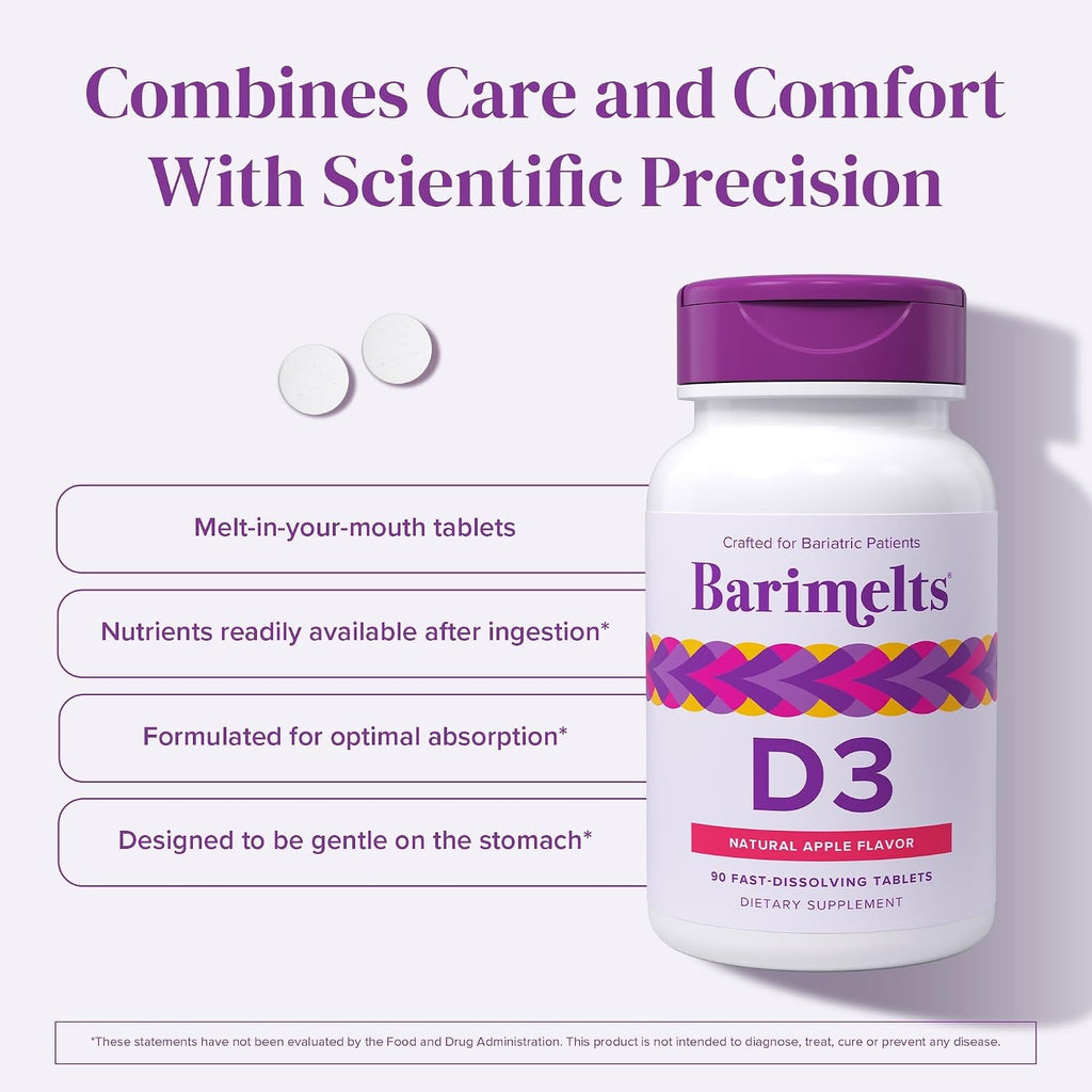 BariMelts Vitamina D3 5000 IU, 90 Tabletas de Disolución Rápida con Sabor Natural a Manzana