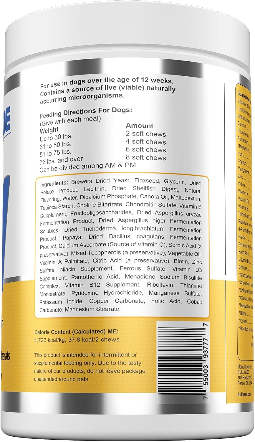 Bullyade 4 en 1 - Probiótico, Articulaciones, Piel y Pelaje, Multivitamínico Masticables Suaves para Perros, 480 g