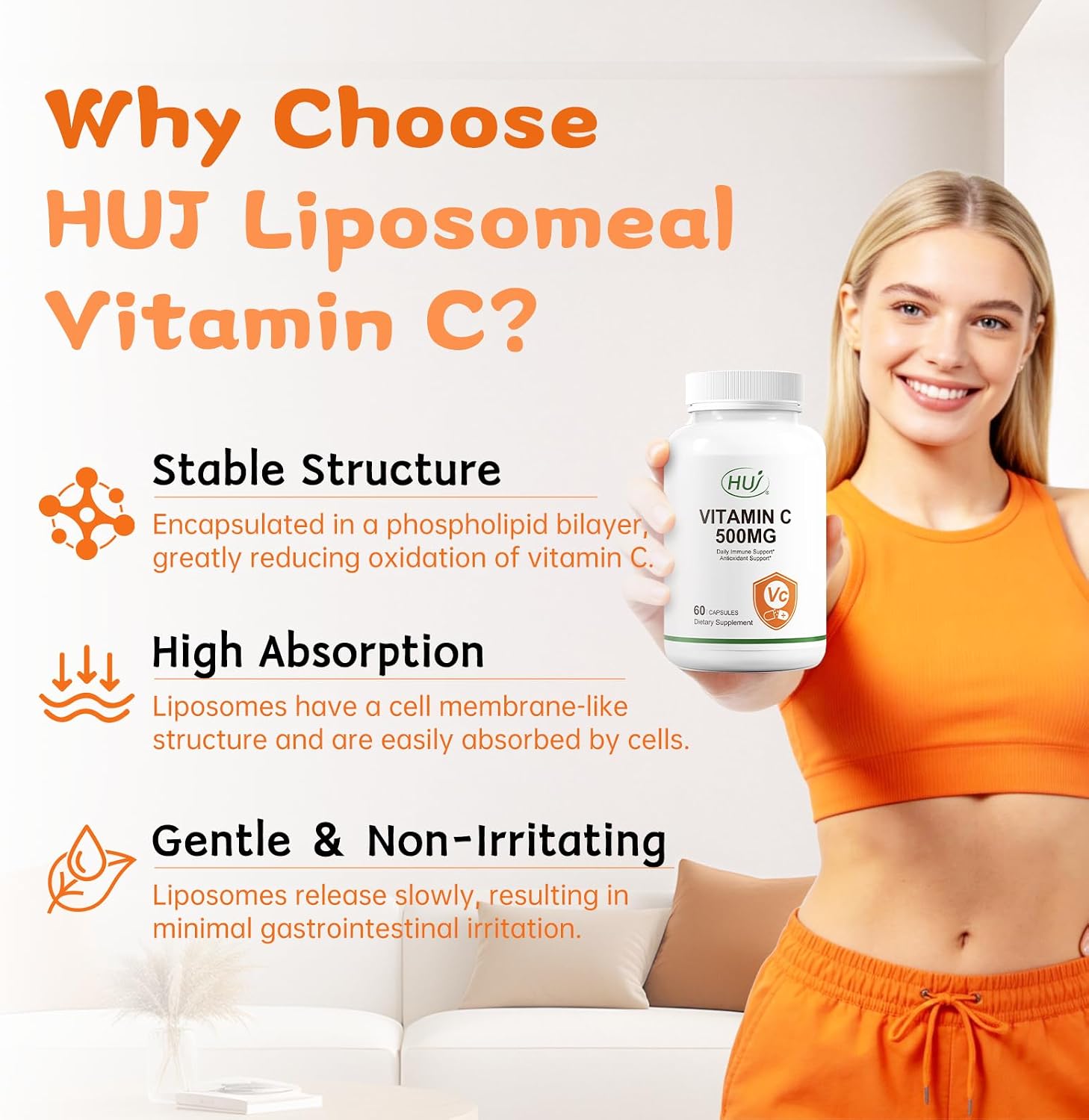 HUJ Vitamina C 500mg, Apoyo Inmunológico y Antioxidante, 60 Cápsulas