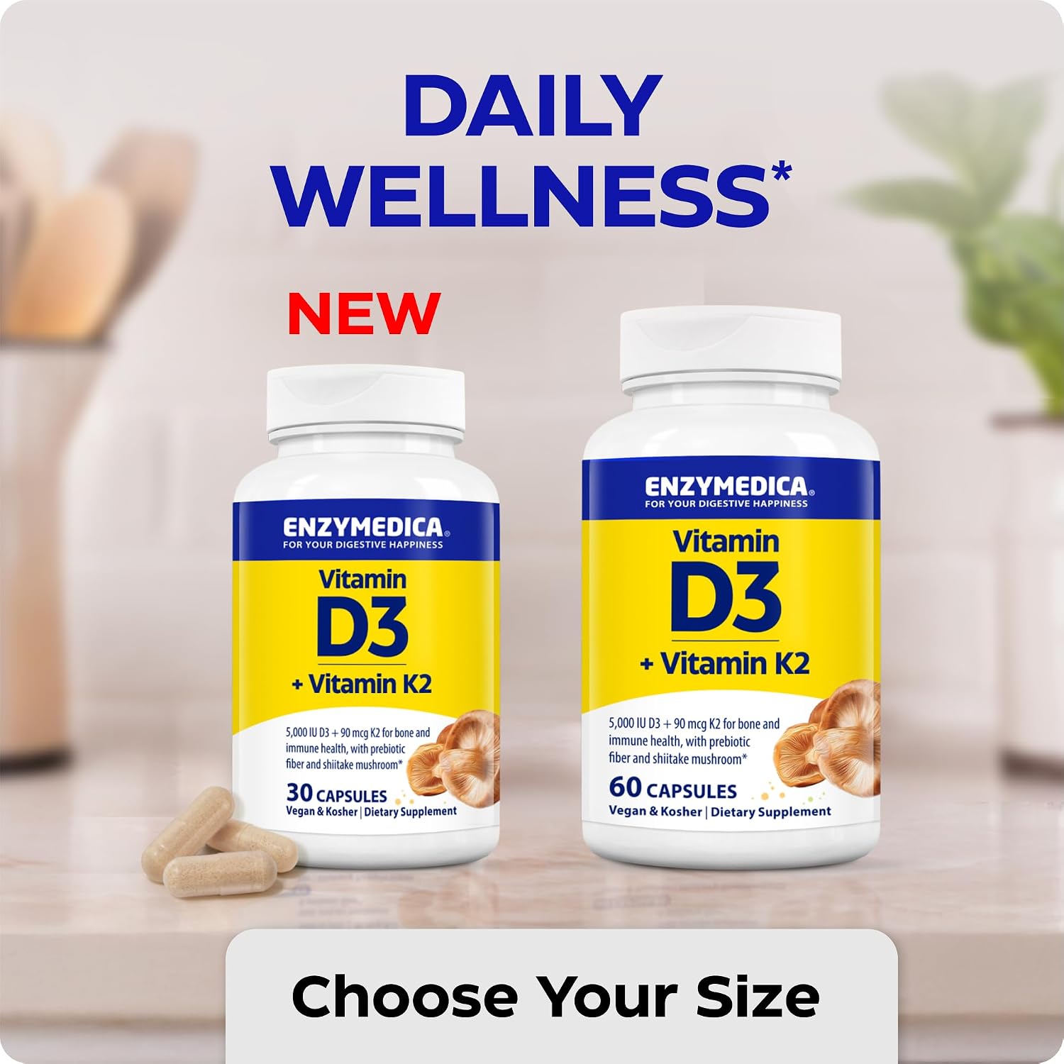 Enzymedica Vitamina D3 (5000 UI) y K2 MK-7 (90 mcg) - 60 Cápsulas