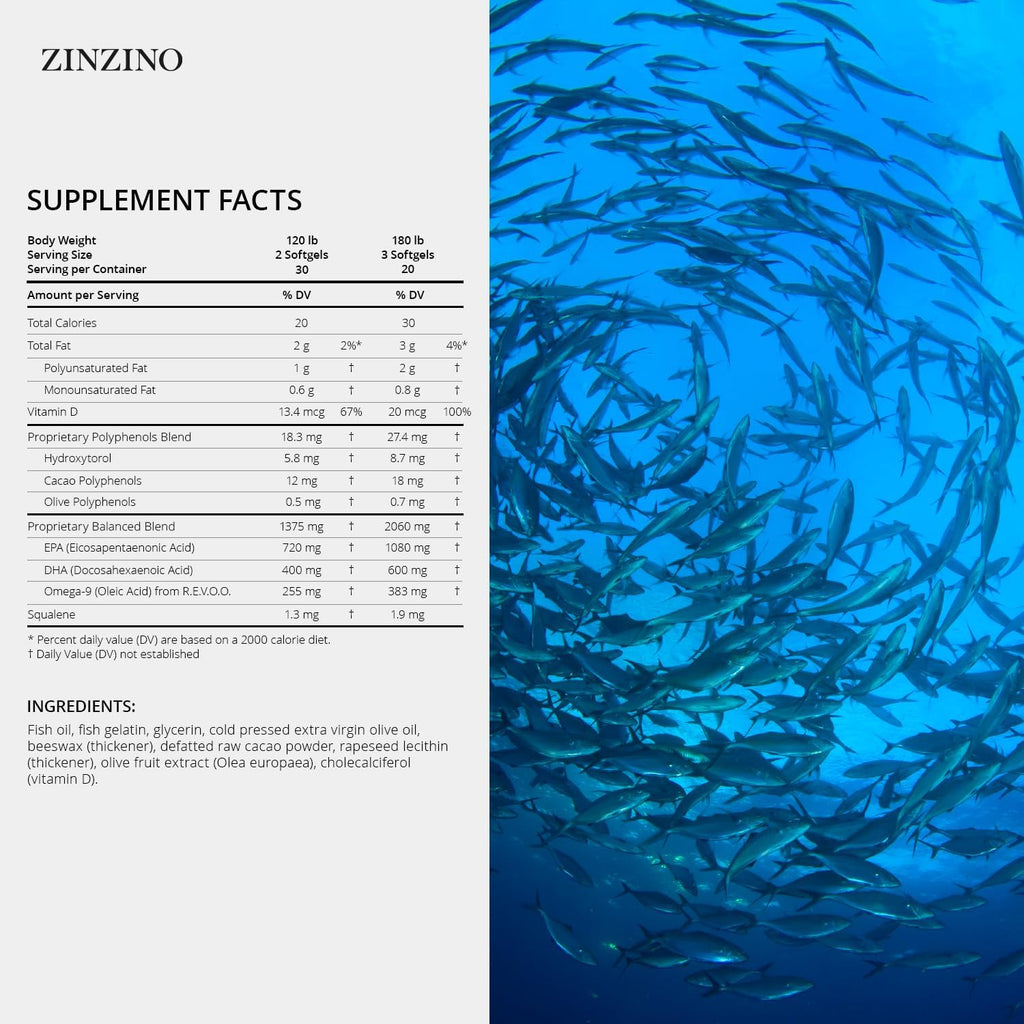Zinzino - Essent+ Premium, Advanced Polyphenol Omega Balance with Fish Oil, Glycerin, Cold-Pressed Extra Virgin Olive Oil, Vitamin D - 60 Softgels