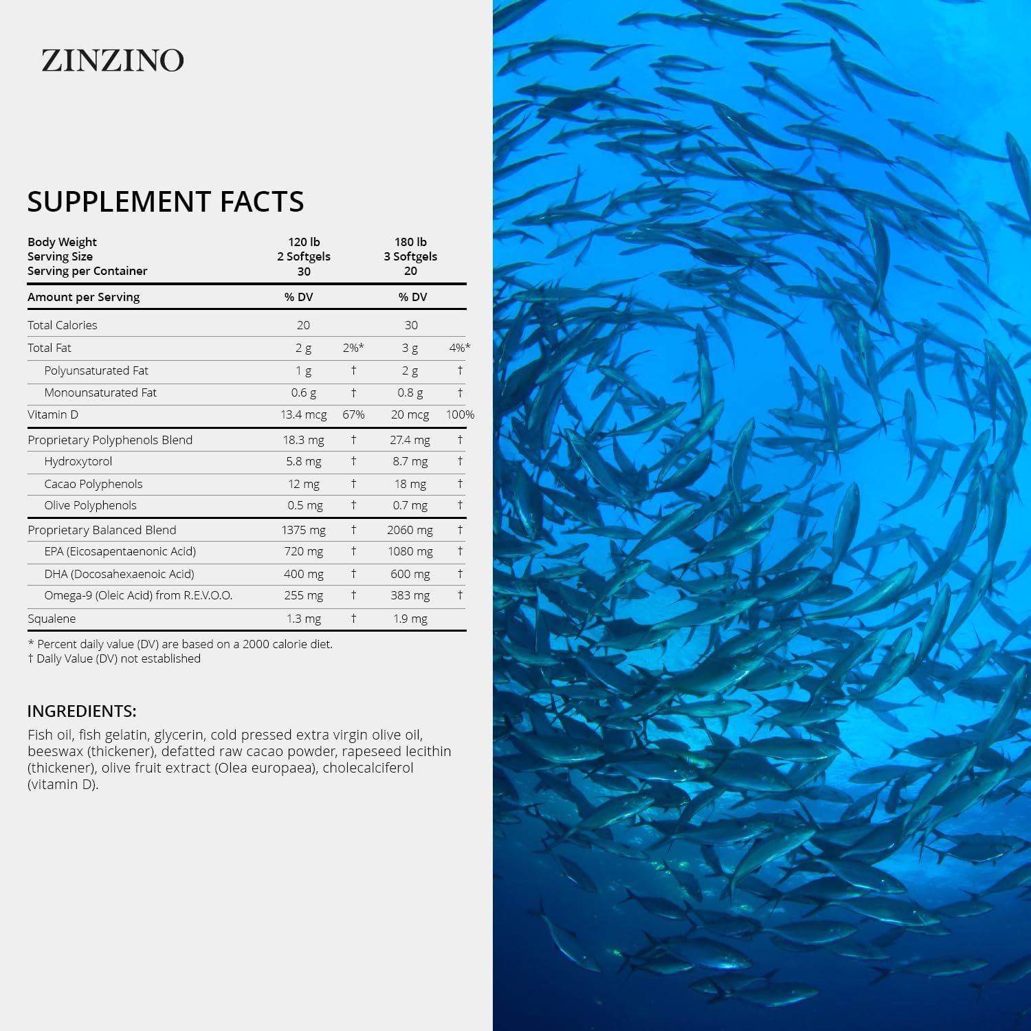 Zinzino - Essent+ Premium, Advanced Polyphenol Omega Balance with Fish Oil, Glycerin, Cold-Pressed Extra Virgin Olive Oil, Vitamin D - 60 Softgels