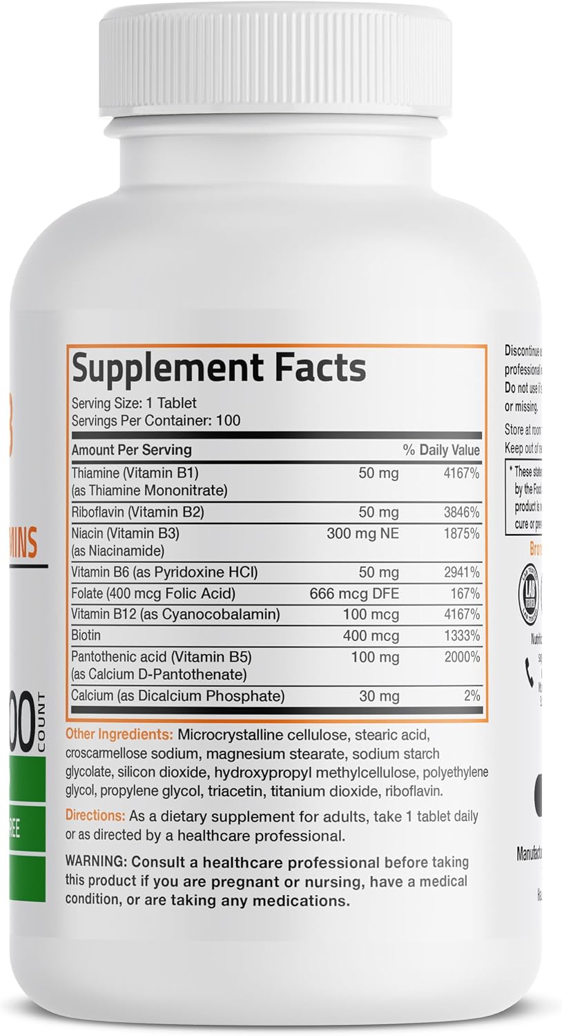 Bronson Complejo B - Vitaminas B1, B2, B3, B6, B9 (Ácido Fólico), B12 - 100 Cápsulas