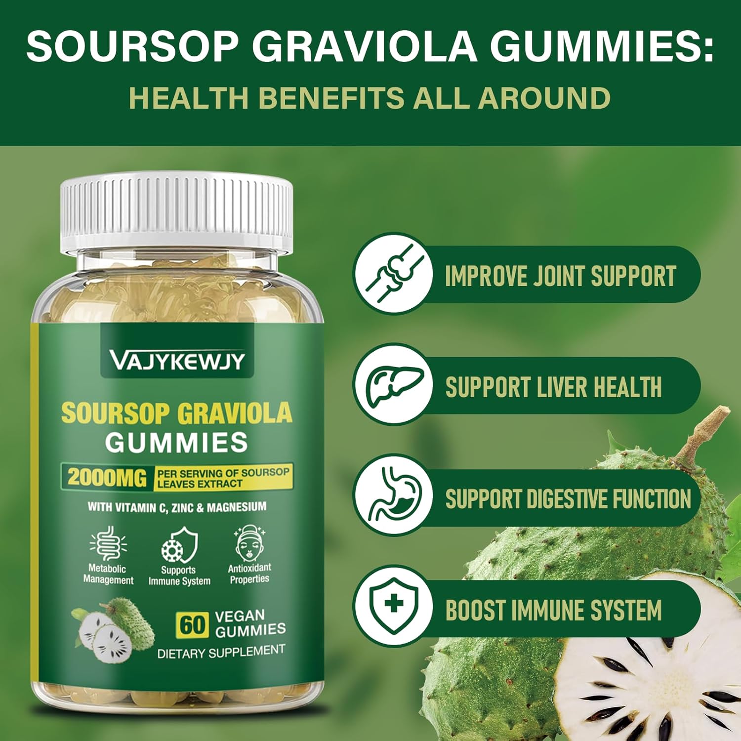 Gominolas de Graviola Soursop - 2000mg Extracto de Hojas, Vitamina C, Zinc - 60 Gominolas Veganas