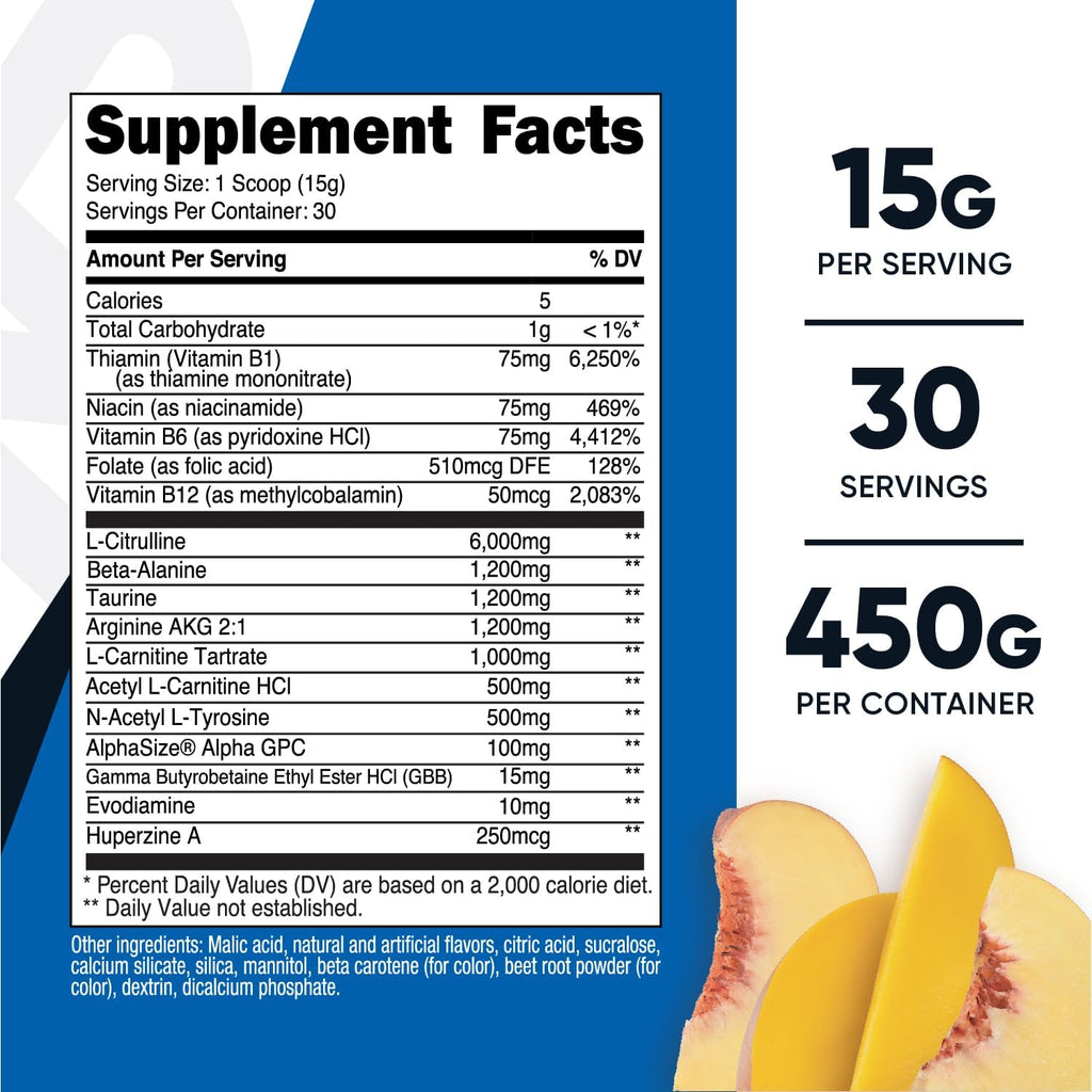 Nutricost Stim-Free Pre-Workout - Pre-entreno sin estimulantes, 30 dosis (Peach Mango)