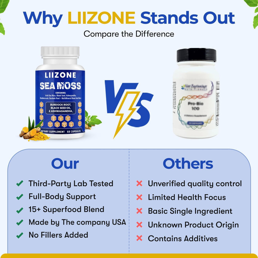 LIIZONE Cápsulas de Sea Moss Complejo con Ashwagandha, Turmeric y Vitamina C - Aceite de Semilla Negra para Apoyo Inmunitario, Articulaciones y Salud Digestiva - 60 Cápsulas