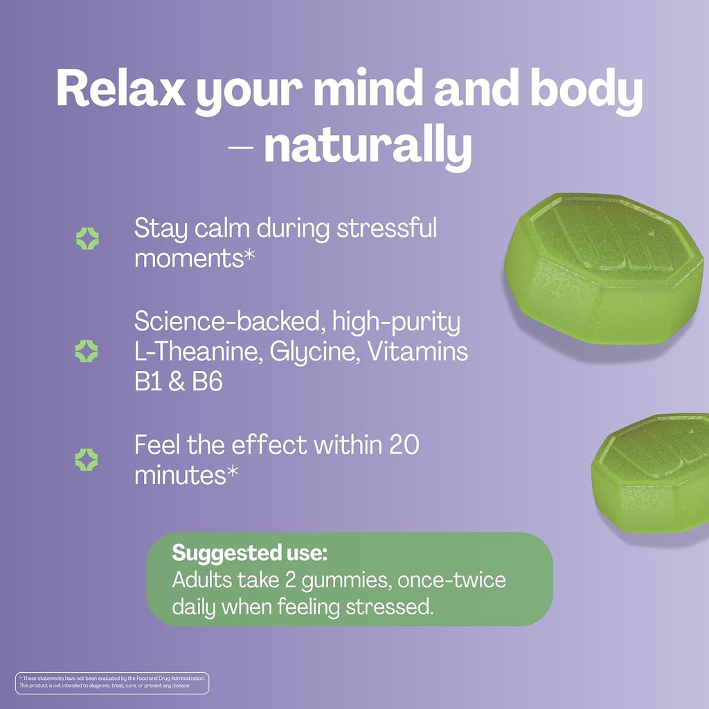 URVI® Neuro Gummies – 500mg Glicina, 150mg L-Teanina, Vitaminas B1 y B6 – Sin Cafeína ni Azúcar – Sabor Té Verde y Manzana – 60 Gominolas