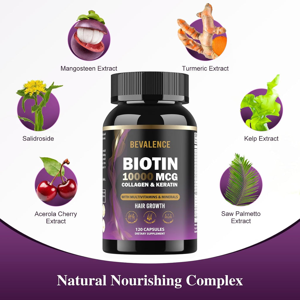 Bevalence Biotina 10.000 mcg con Colágeno y Queratina – 120 Cápsulas (2 Meses)