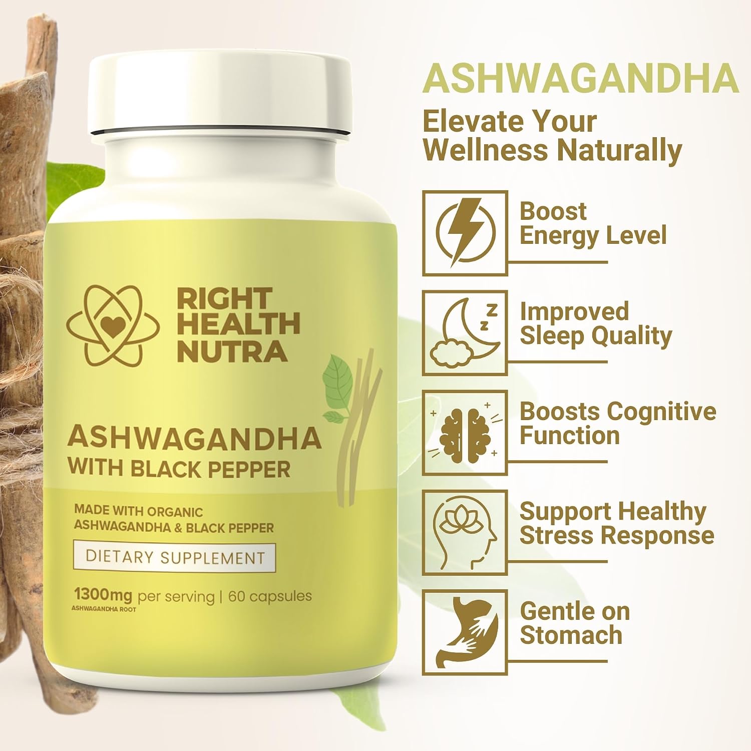 Right Health Nutra Ashwagandha Cápsulas - 1300mg por Dosis con Pimienta Negra - 60 Cápsulas