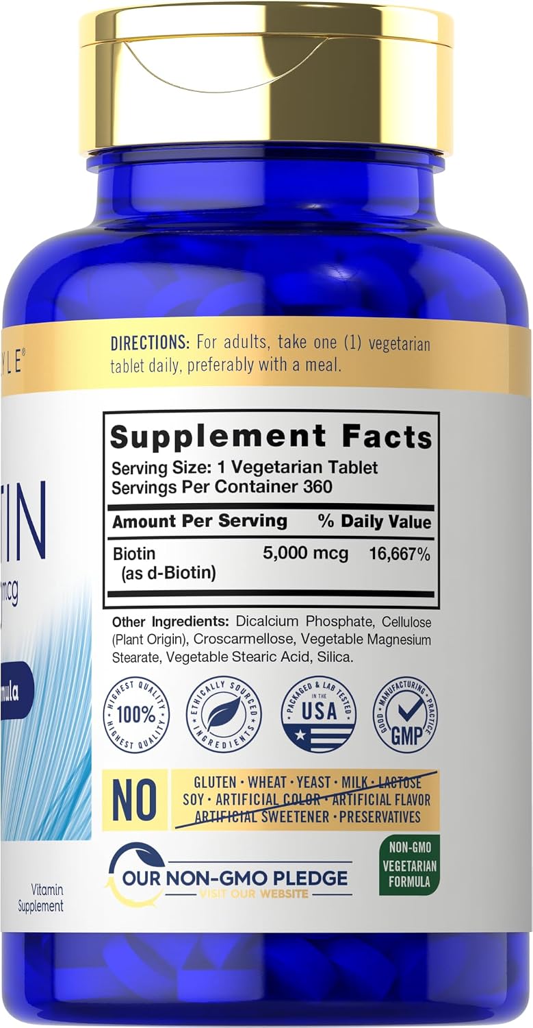 Carlyle Biotina 5000mcg | 360 Comprimidos Vegetarianos | Suplemento de Belleza para Cabello, Piel y Uñas | Sin OGM, Sin Gluten