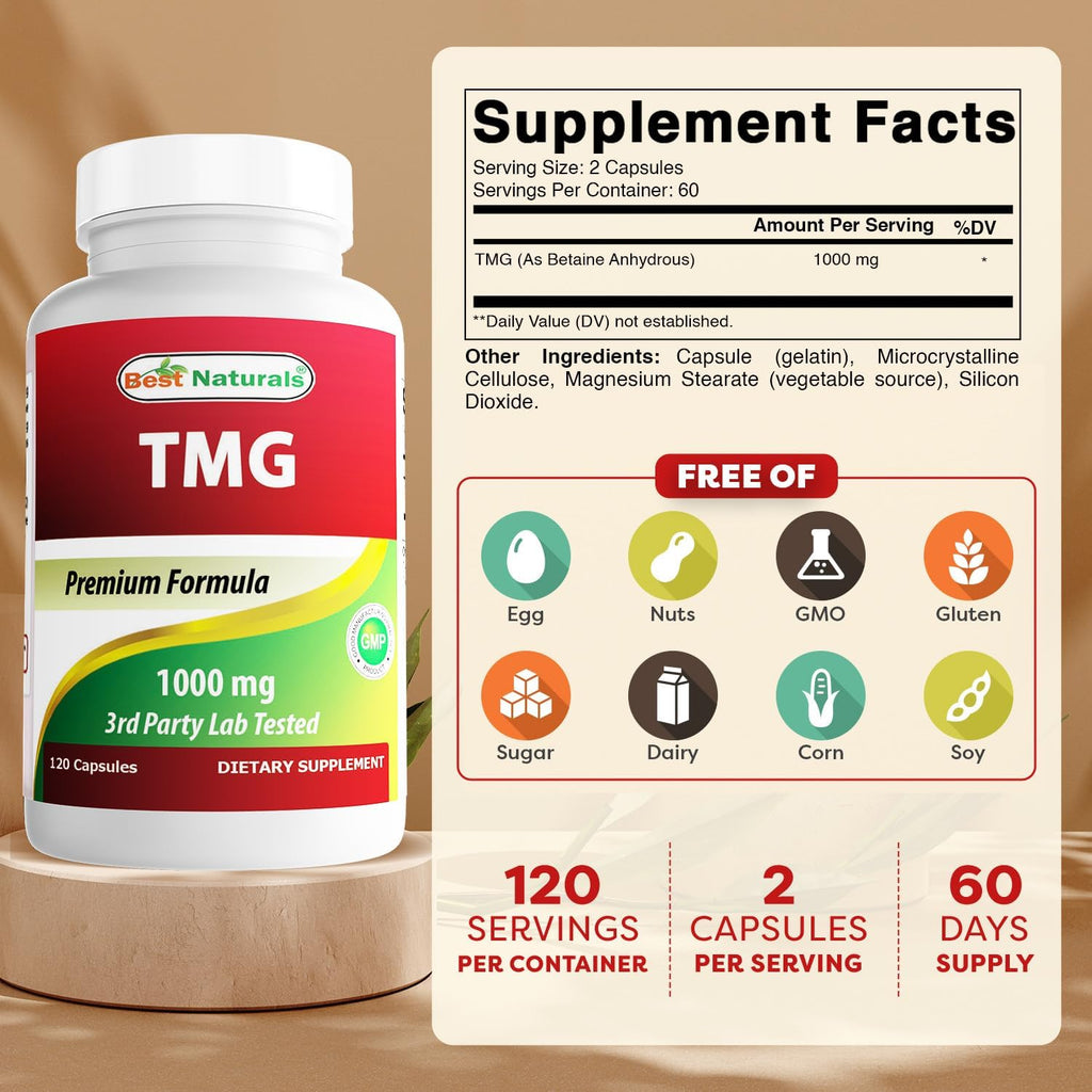Best Naturals TMG Trimethylglycine 1000 mg - 120 Cápsulas (Pack de 3)