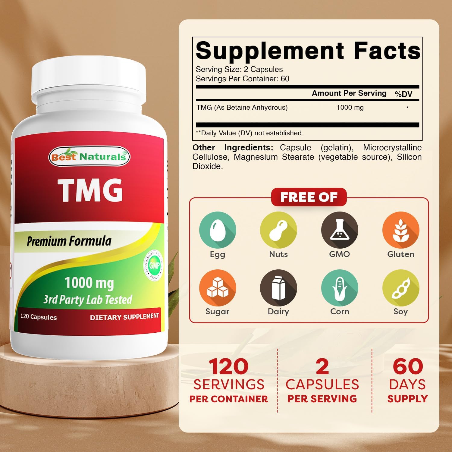 Best Naturals TMG Trimetilglicina (Betaína Anhidra) 1000 mg - 120 Cápsulas (Pack de 2)