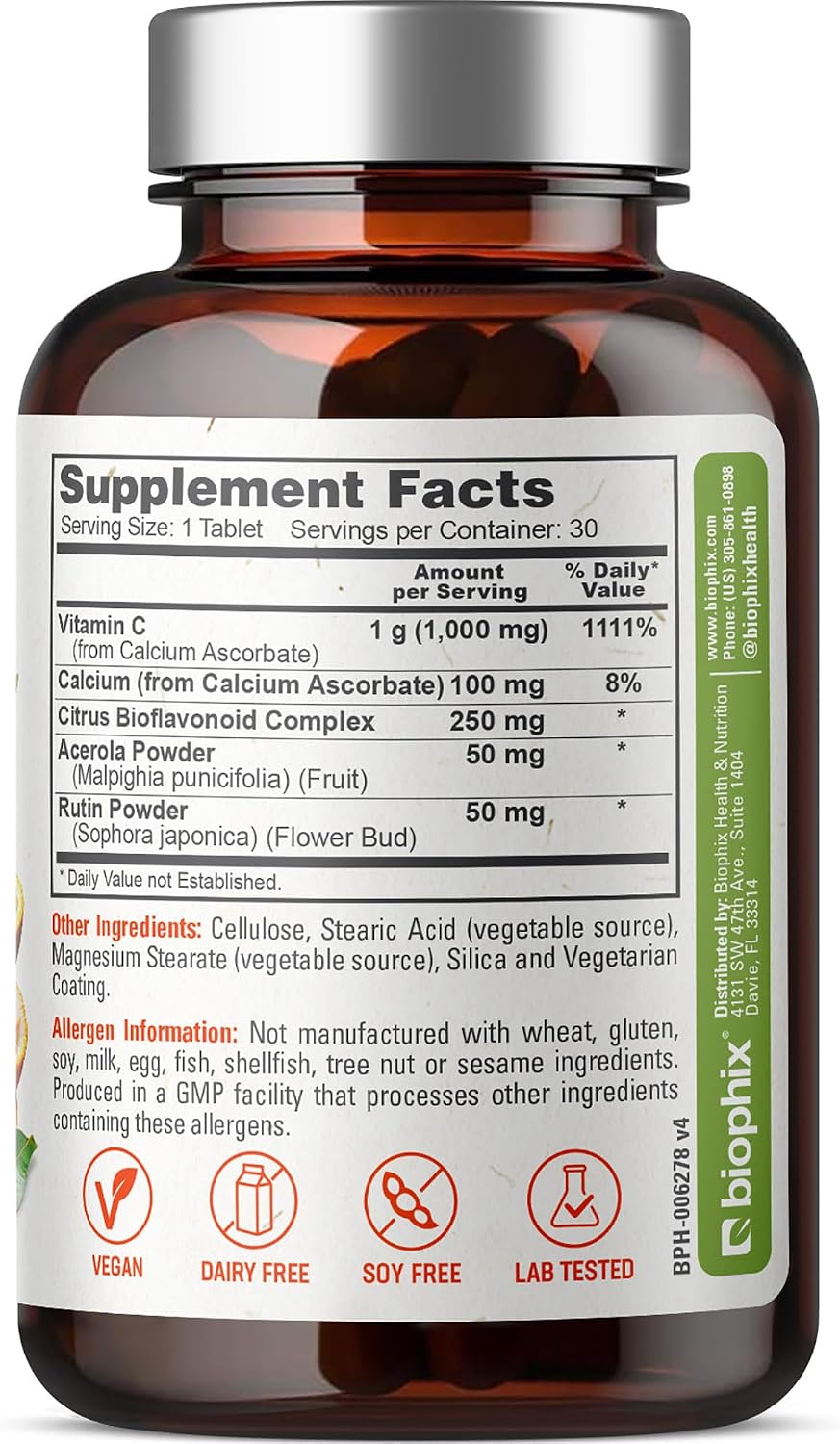 biophix Vitamin C 1000 mg - 30 Tablets - Vegan Complex with Calcium Ascorbate, Bioflavonoids, Acerola and Rutin
