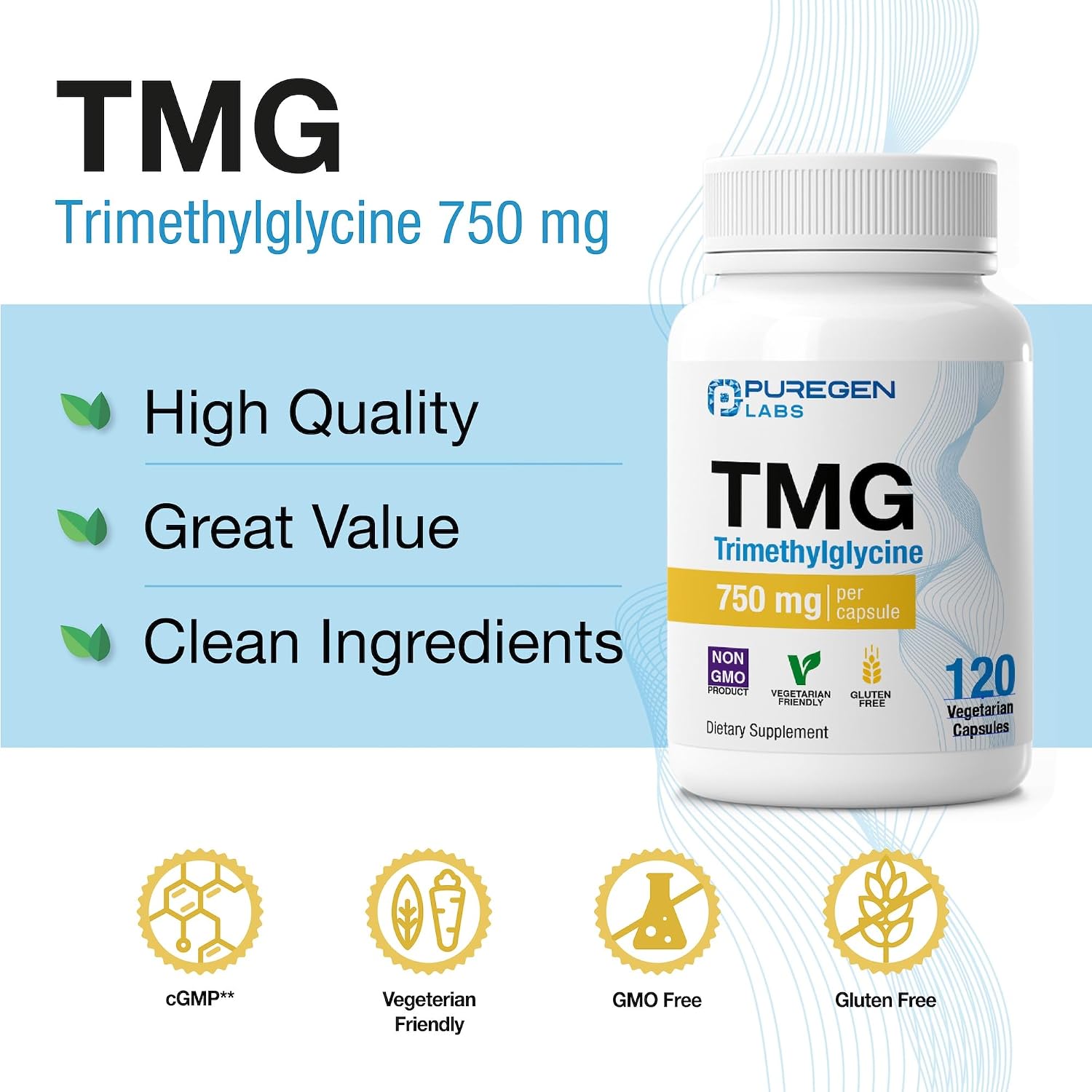 Puregen Labs TMG 750 mg – Trimetilglicina de Alta Potencia – Apoya el Metabolismo Normal de la Homocisteína – 120 Cápsulas Vegetales
