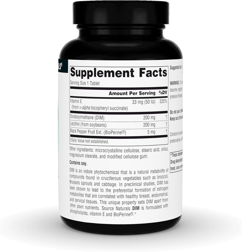 Source Naturals DIM, Diindolylmethane 200mg con BioPerine, Vitamina E y Más - 60 Comprimidos