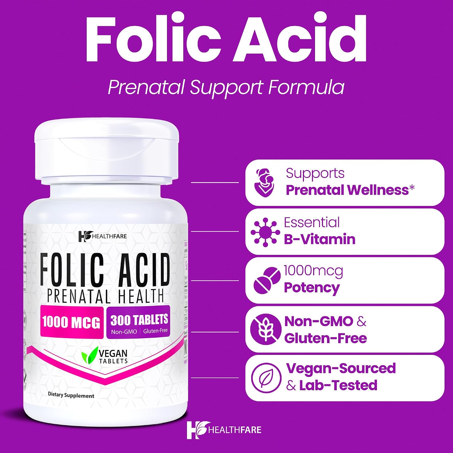 Healthfare Ácido Fólico 1000mcg | 300 Comprimidos Veganos | Vitamina B9