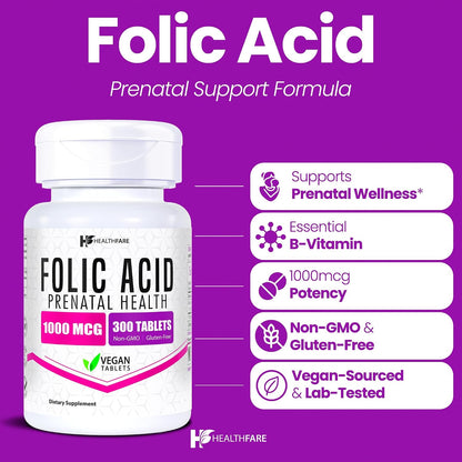 Healthfare Ácido Fólico 1000mcg | 300 – Personas con niveles elevados de homocisteína, ya que el ácido fólico – Image 2