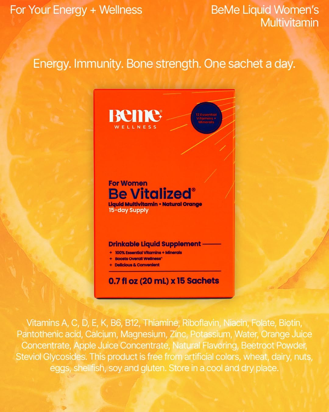 BeMe Multivitamínico Líquido para Mujeres - 13 Vitaminas y Minerales - 15 Sobres, Sabor Naranja