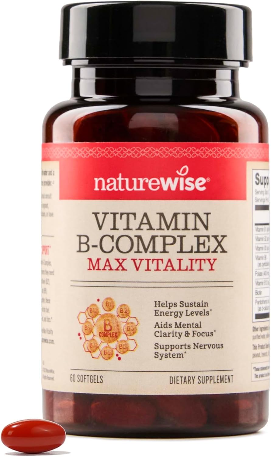 NatureWise Complejo B para Hombres y Mujeres - con Ácido Fólico, Biotina, B1, B2, B3, B6, B12 - Apoyo a la Energía Celular y Claridad Mental - Sin Gluten ni Lácteos - 60 Cápsulas Blandas
