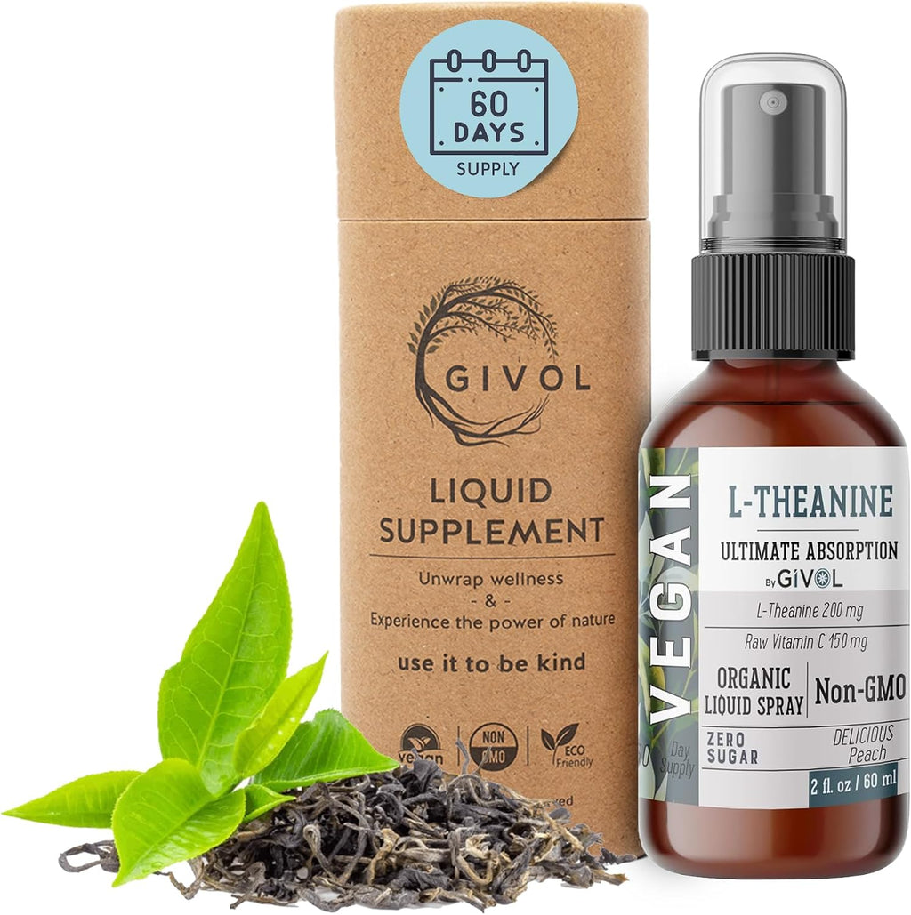 GIVOL Spray Líquido de L-Teanina (200mg) y Vitamina C (150mg) - Sabor Melocotón - 60 ml (60 dosis)