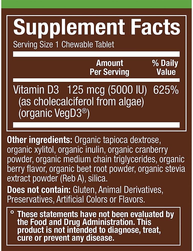 Plnt Vitamina D3 Orgánica 125 mcg (5000 UI) Sabor Mixed Berry - 30 Comprimidos Masticables
