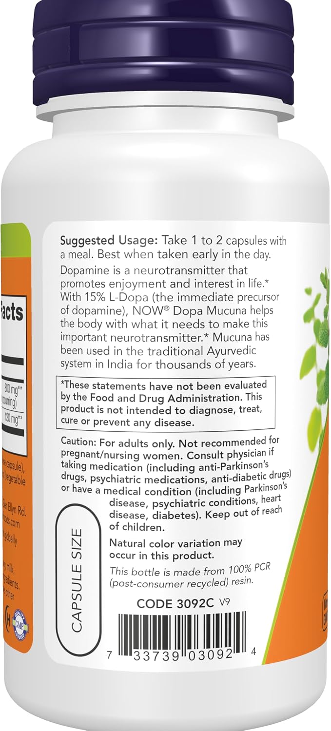 NOW Supplements, DOPA Mucuna, Extracto Estandarizado de Mucuna con 15% L-Dopa Natural, 90 Cápsulas Veganas