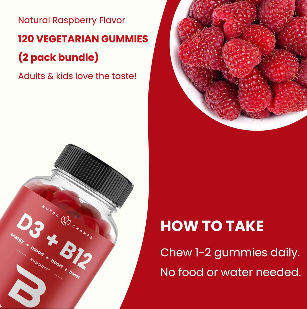 NutraChamps Gominolas de Vitamina D3 y B12 con Metilcobalamina y Folato - 240 Gominolas (2 Envases de 120)