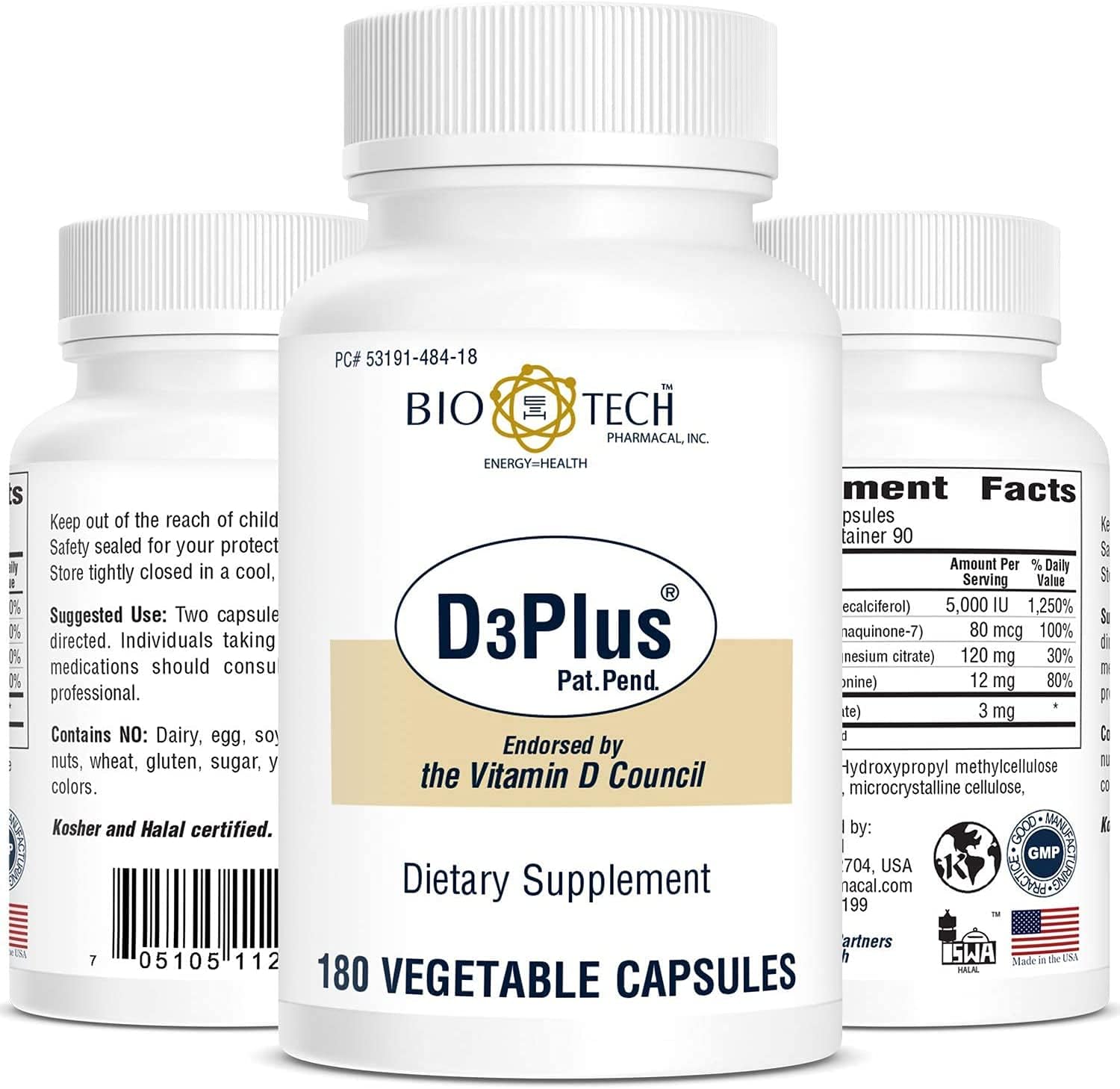 Bio-Tech Pharmacal D3Plus, 180 Vegetable Capsules - Supplement with Vitamin D3, K2, Magnesium, Zinc and Boron