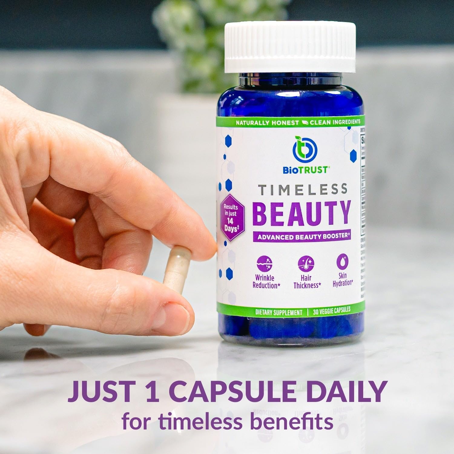 BioTrust Timeless Beauty Ceramide Booster - Complemento de Fito Ceramidas para Cabello y Piel + Vitamina C, Vitamina E, Biotina, Zinc, Ácido Hialurónico - 30 Cápsulas