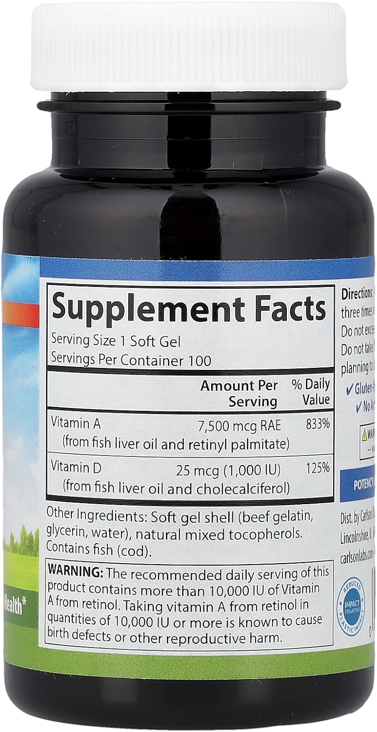 Carlson Labs Vitamin A & D 25000/1000 IU, 100 Soft Gels