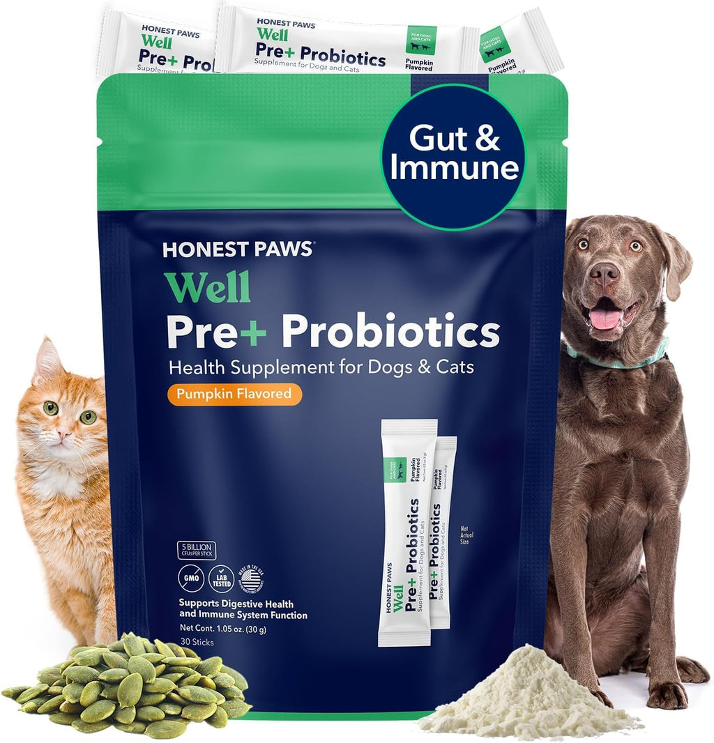 Honest Paws Probióticos para perros - Apoyo digestivo e inmunitario con prebiótico, 30 sticks
