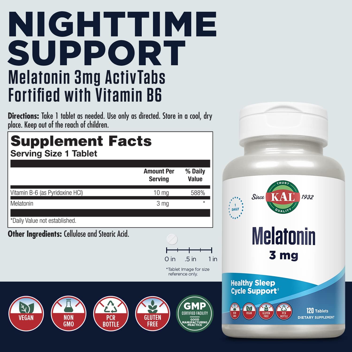 KAL Melatonina 3mg Comprimidos Sublinguales con Vitamina B6, 120 Comprimidos