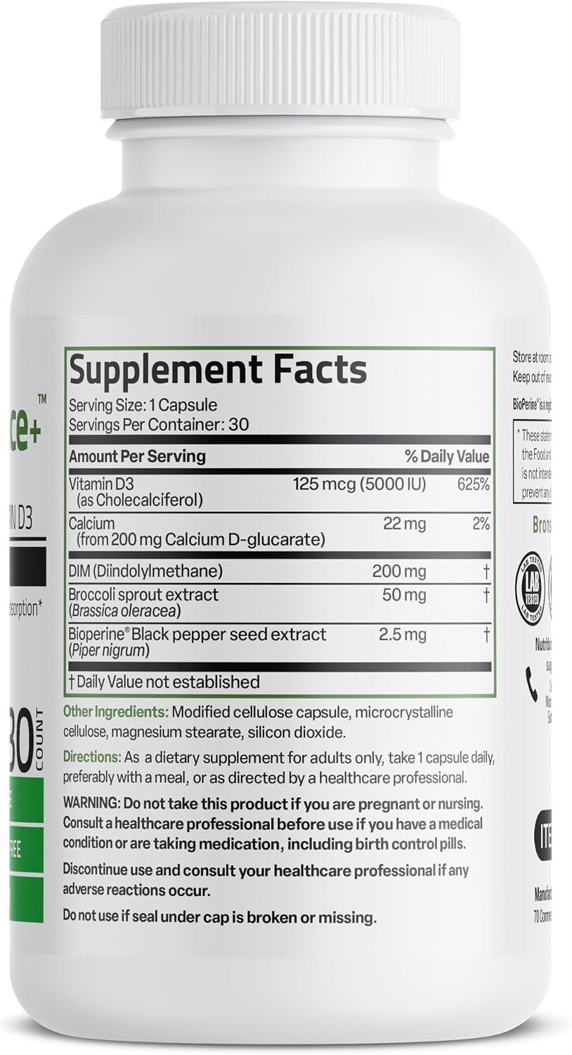 Bronson DIM Balance+ - Suplemento con DIM, Calcio D-Glucarato, Brotes de Brócoli y Vitamina D3 - 30 Cápsulas Vegetarianas