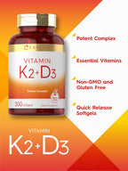 Carlyle Vitamina K2 D3 | 300 Cápsulas Blandas | 200 mcg K2 MK7 y 10,000 UI D3 | Sin Gluten, No-GMO