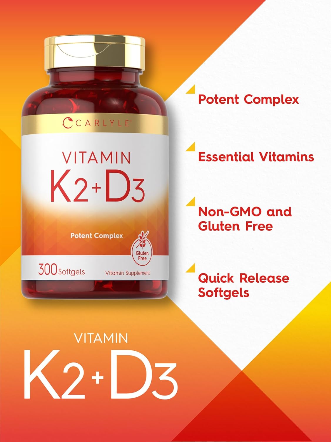 Carlyle Vitamina K2 D3 | 300 Cápsulas Blandas | 200 mcg K2 MK7 y 10,000 UI D3 | Sin Gluten, No-GMO
