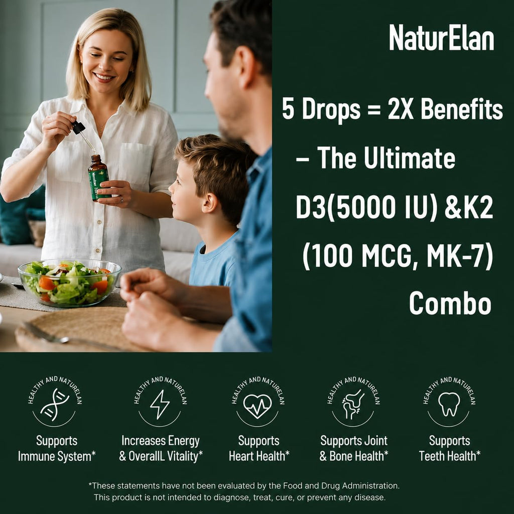 NaturElan Vitamin D3 5000 UI & K2 (MK-7) Gotas con Aceite MCT - 1,69 fl oz