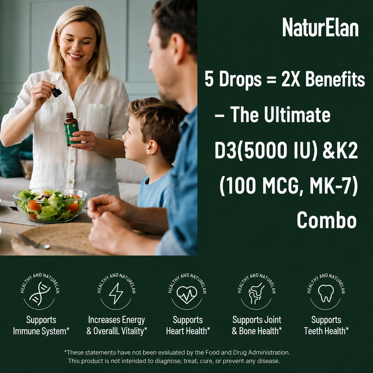 NaturElan Vitamin D3 5000 UI & K2 (MK-7) Gotas con Aceite MCT - 1,69 fl oz