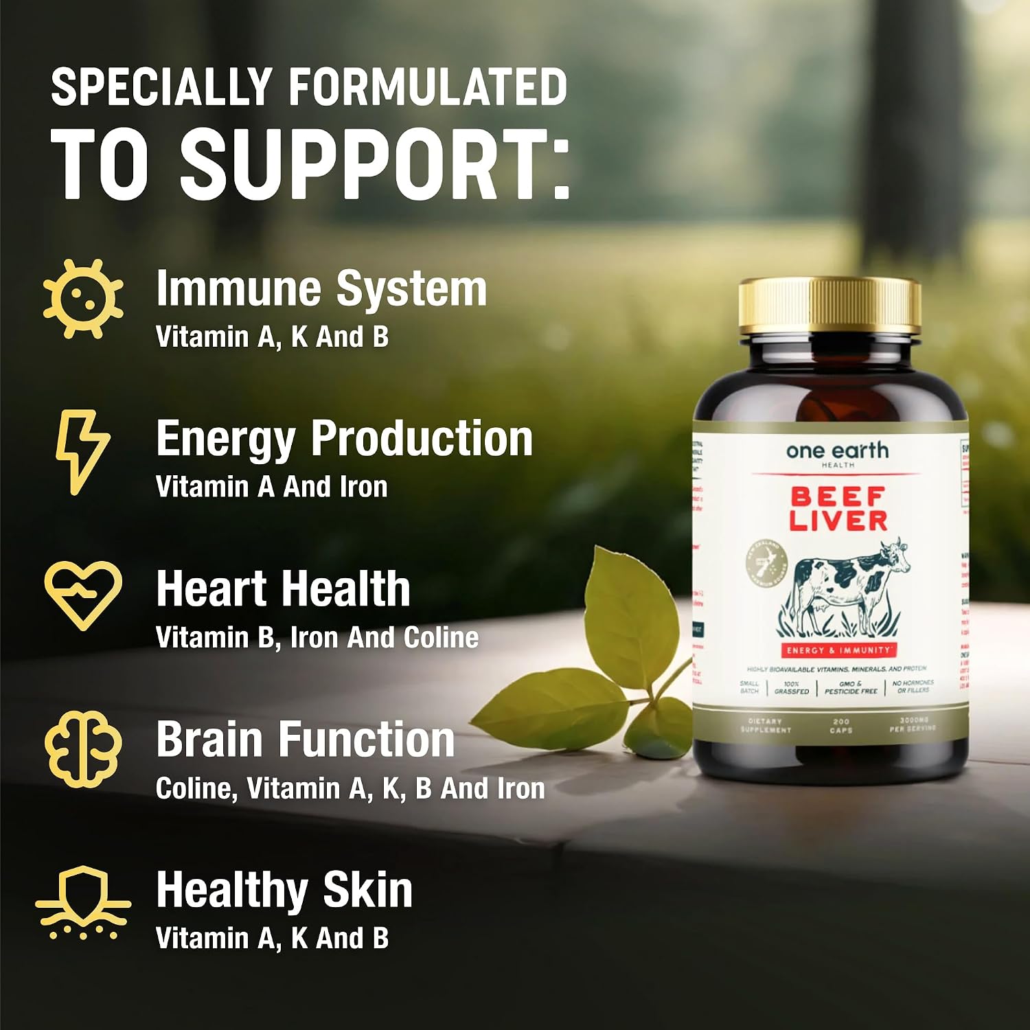 One Earth Health Cápsulas de Hígado de Res Desecado Grass-Fed, 3000 mg, 200 Cápsulas