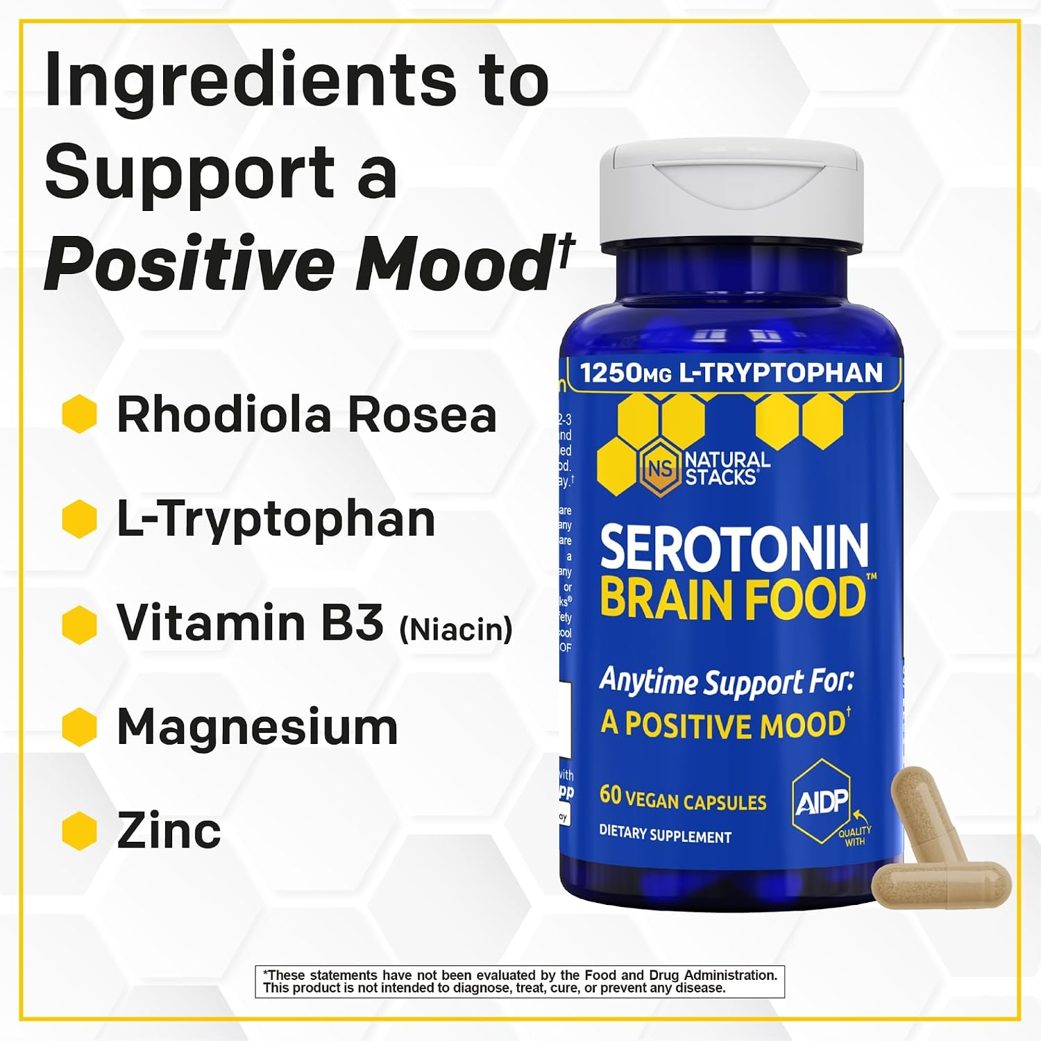 Natural Stacks Serotonin Brain Food - 1250mg L-Triptófano y 400mg Rhodiola Rosea - 120 Cápsulas