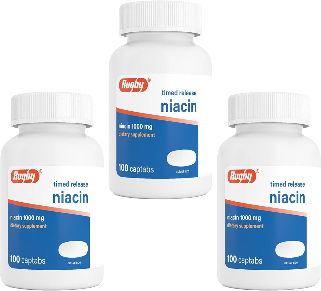 Rugby Niacina de Liberación Prolongada 1000 mg, 100 Comprimidos (Paquete de 3)