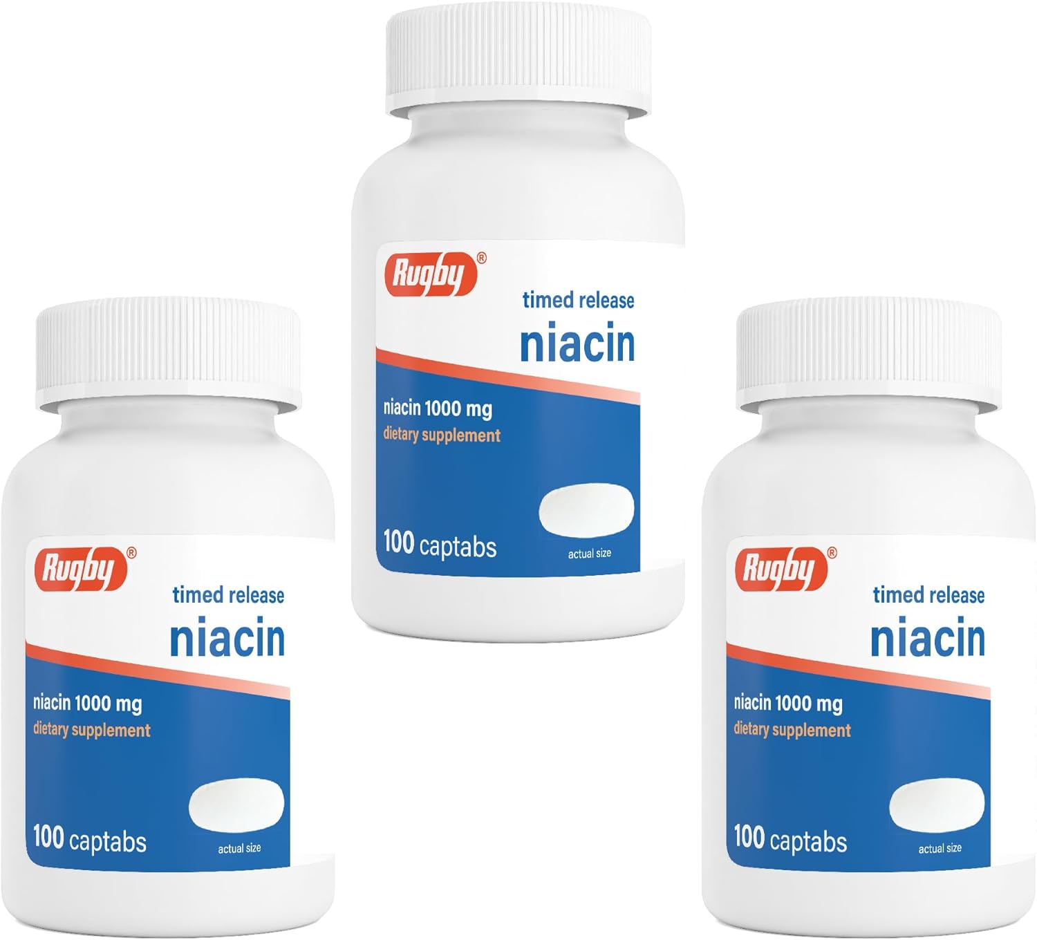 Rugby Niacina de Liberación Prolongada 1000 mg, 100 Comprimidos (Paquete de 3)