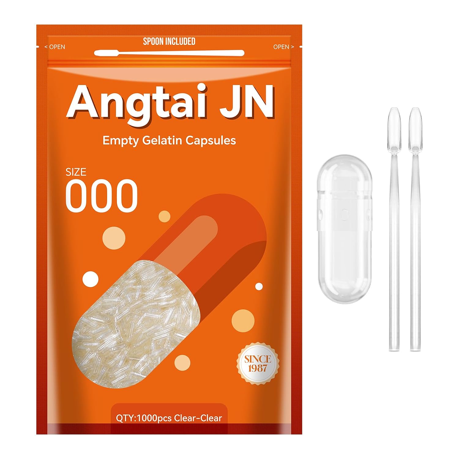 Cápsulas de Gelatina Vacías Tamaño 000 (1000 uds) - Puras, Bovinas, Transparentes - Sin Gluten, No GMO, Certificadas Halal - Incluye Kit de Llenado con 2 Cucharas