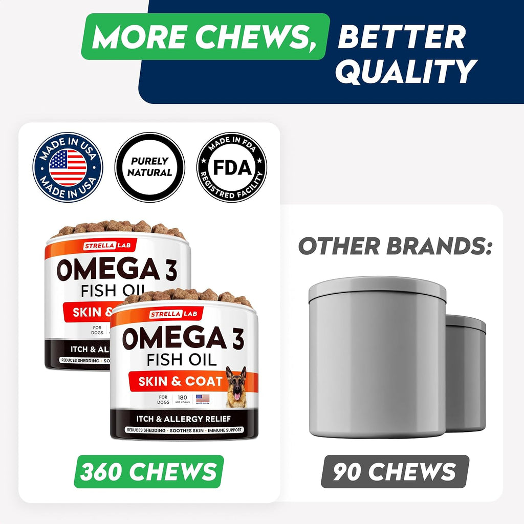 STRELLALAB Aceite de Pescado Omega 3 6 9 en Chews para Perros - Alivio de Alergias y Picores - Suplemento para Piel y Pelaje - 180 Chews (Envase Promocional) - Sabor a Hígado de Pollo