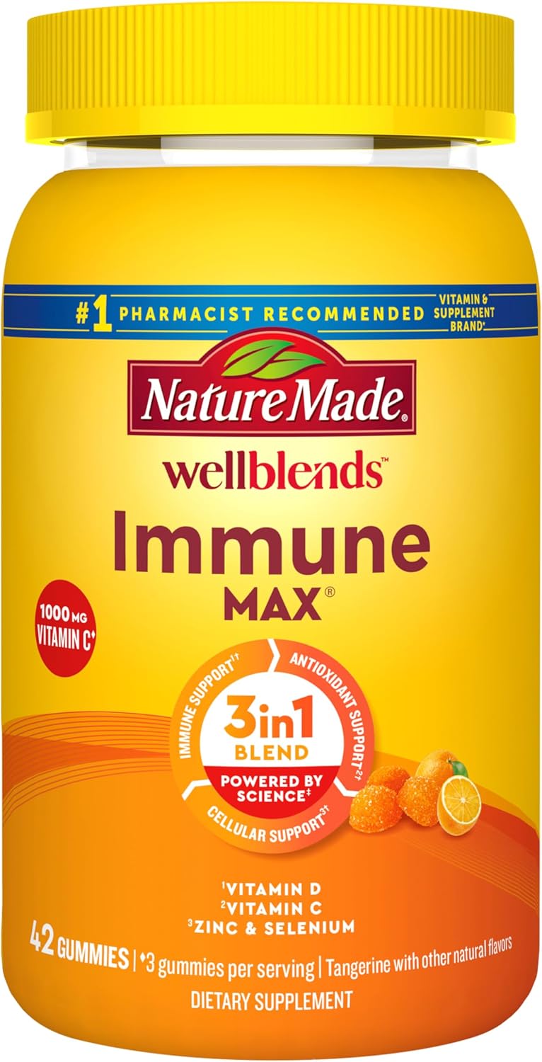 Nature Made Wellblends ImmuneMAX Gominolas con Vitamina C, Zinc, Vitamina D3 y Selenio, 42 gominolas sabor mandarina