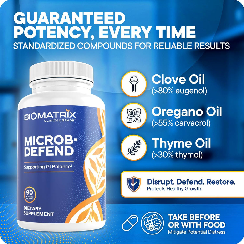 BioMatrix Microb-Defend: Disruptor de Biopelículas con Aceite de Orégano, Tomillo y Clavo (90 Cápsulas)